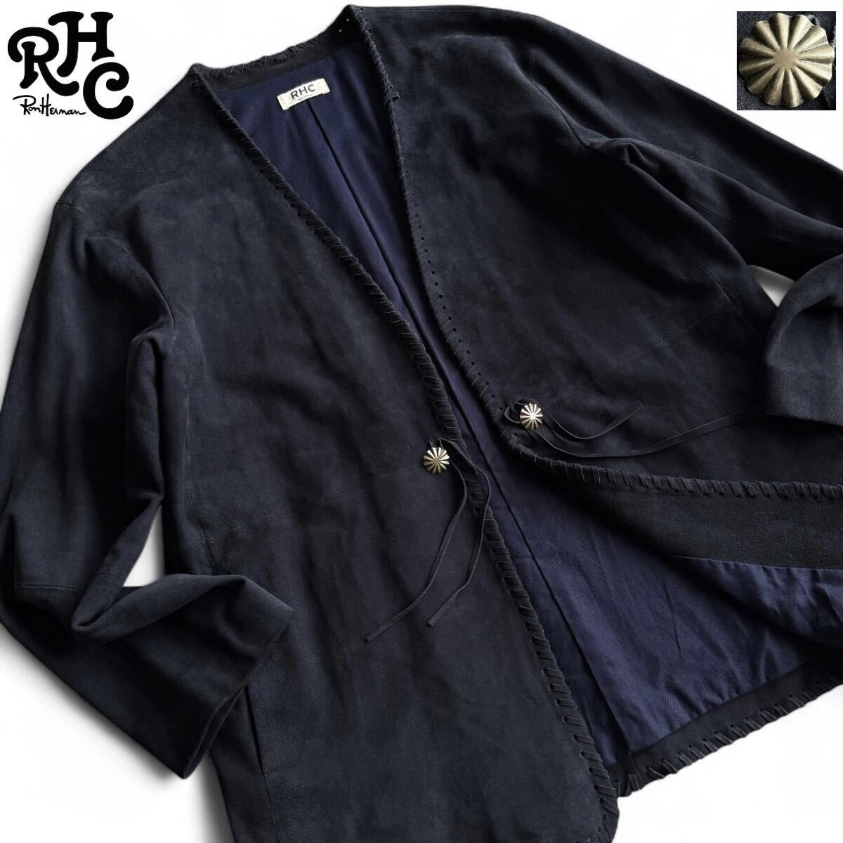 極美品/L相当●ロンハーマン RHC スエード レザー『浜辺に漂う極上の大人の羽織り!』コンチョ釦 カーディガン 本革 ネイビー RonHerman拍卖