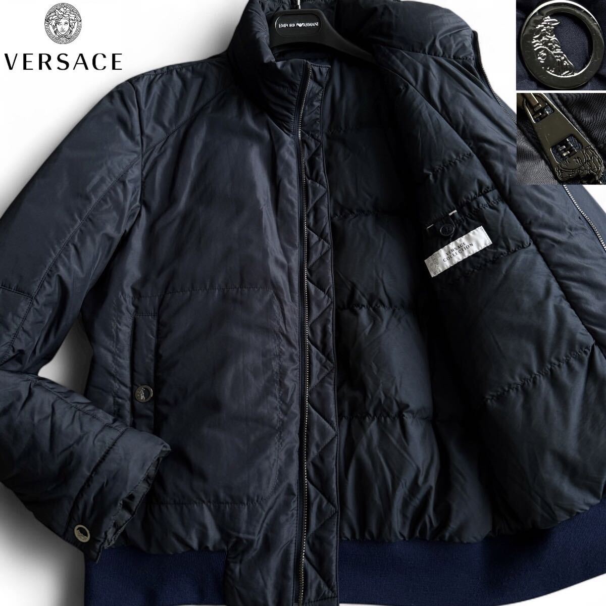 極美品/Lサイズ●ヴェルサーチ 近年モデル メデューサ金具 ダウンジャケット ブルゾン 極暖 フード内蔵 48 ネイビー 紺 VERSACE COLLECTION拍卖