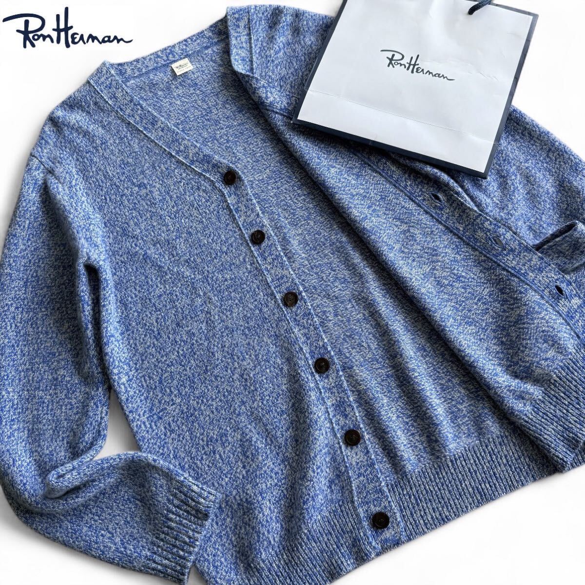 極美品/L相当●ロンハーマン RHC カシミヤ100%『海風漂う大人の極上の羽織り』メランジ ニット カーディガン ブルー 青 白 秋冬 RonHerman拍卖