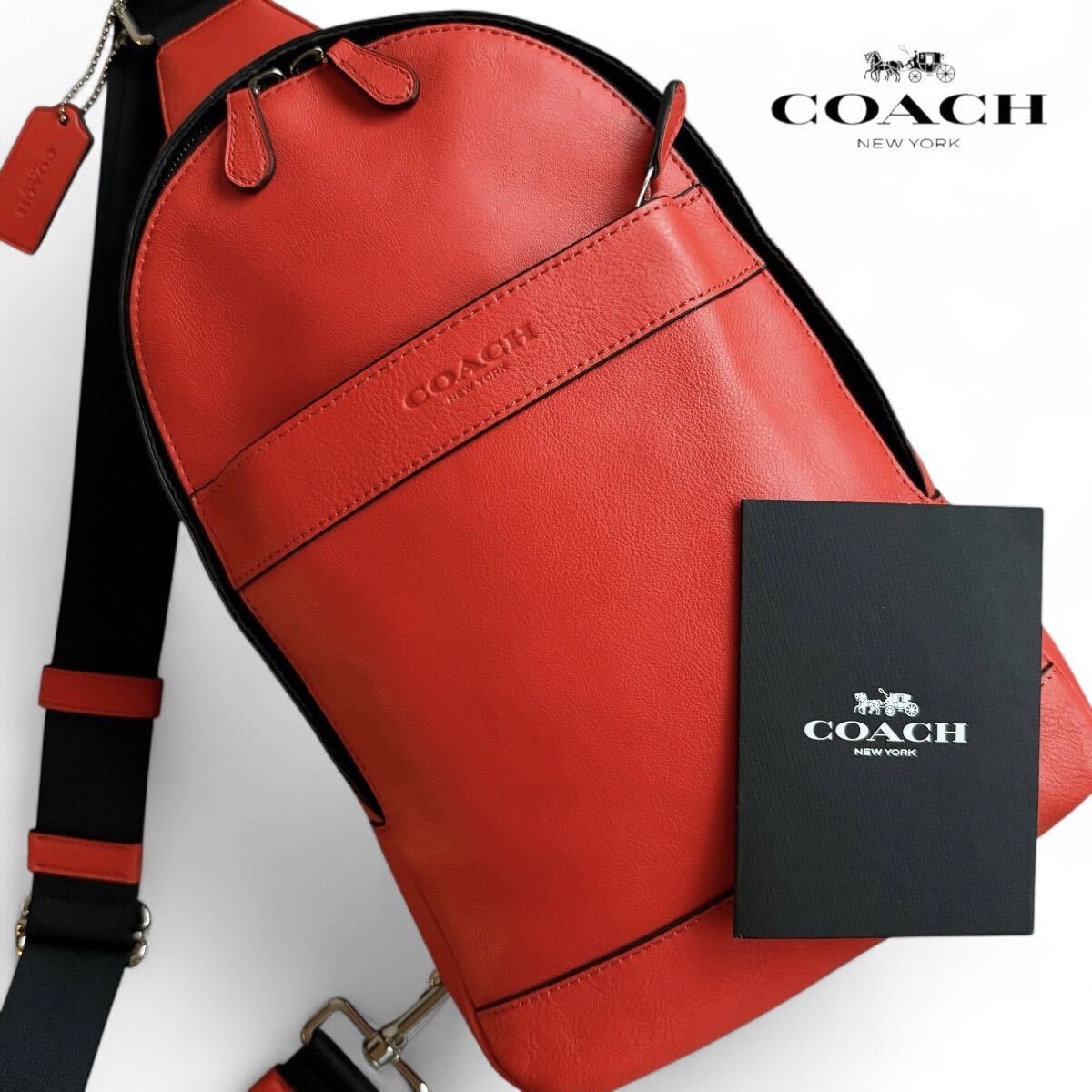 未使用級/希少カラー●COACH コーチ メンズ ボディバッグ ショルダーバッグ 斜め掛け ビジネス スムースレザー 本革 オレンジ ロゴチャーム拍卖
