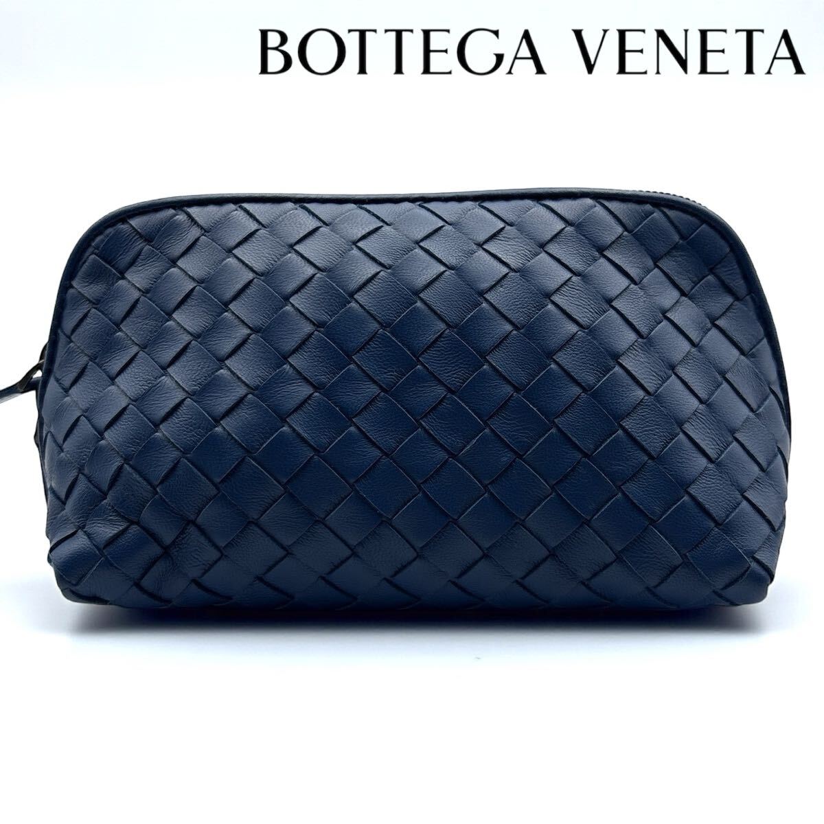 1円〜★ BOTTEGA VENETA ボッテガヴェネタ イントレチャート レザー ポーチ クラッチ ネイビー 美品拍卖