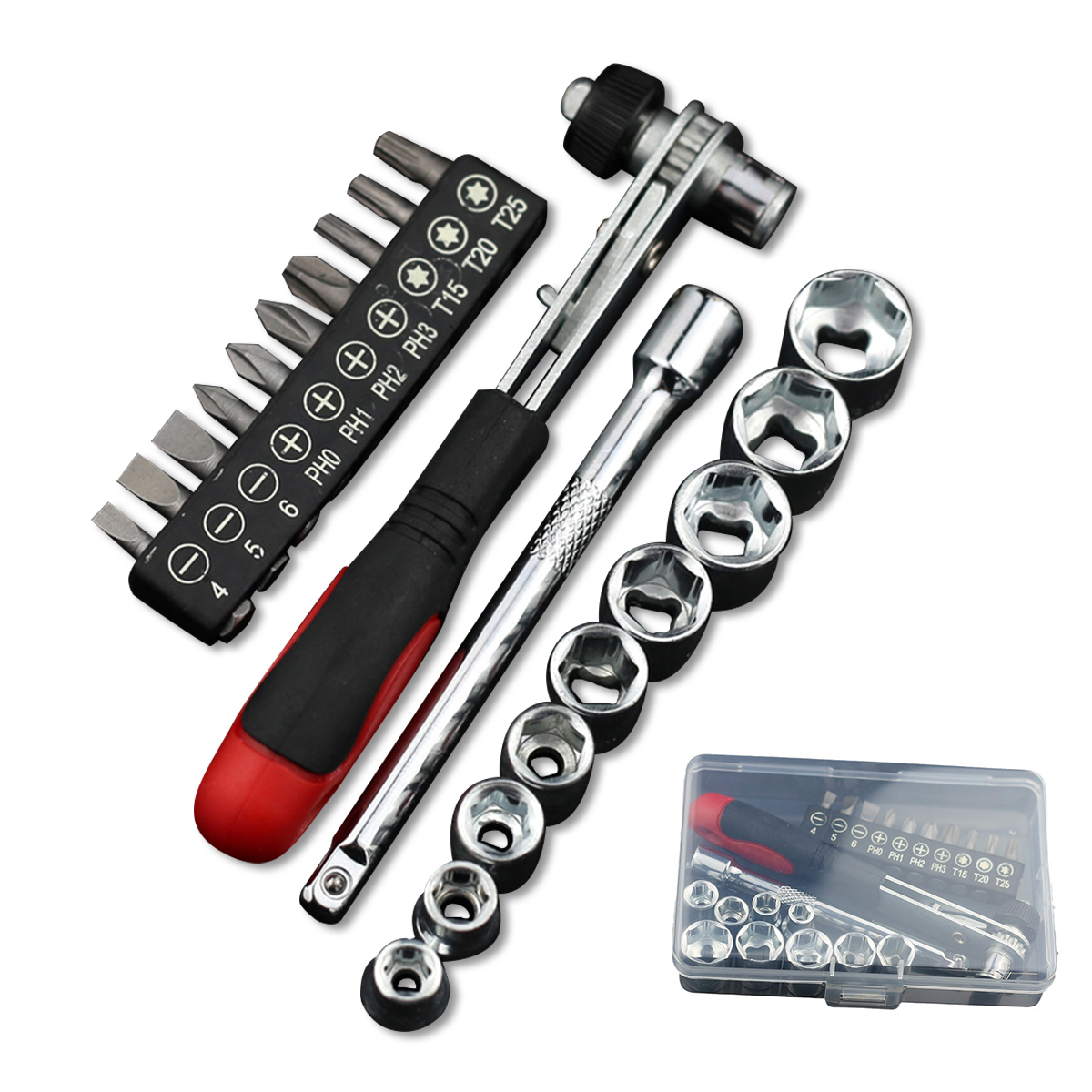 スリーブレンチキット 6.35 mm(1/4インチ)ラチェットレンチ 六角スリーブ 自働車 オートバイと家電の修理に適して 21本セット ;J5482;拍卖