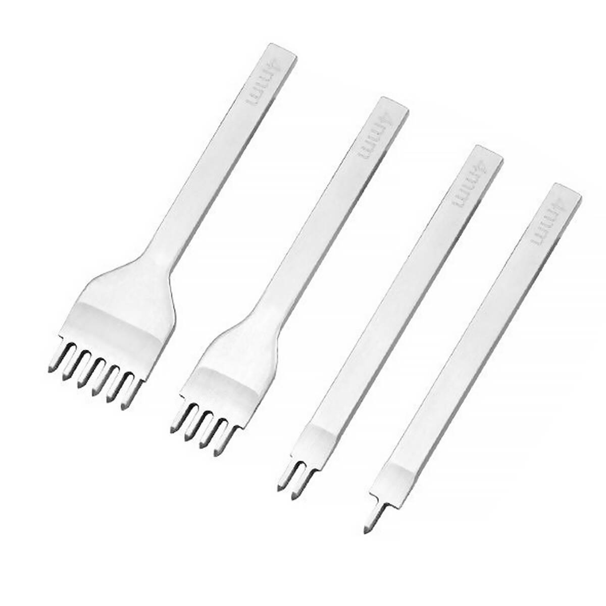 菱目打ち レザークラフト DIYホワイトスチール四方形ポンチ レザー穴あけ用品 タンニン鞣し縫製用 4mm 1/2/4/6本歯 4本セット ;J318;拍卖