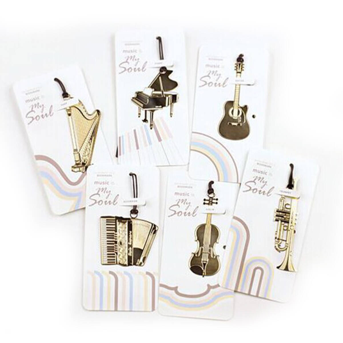 金属楽器ブックマーク付きストラップ 空いたピアノギターバイオリンブックマーク 音楽文具 6点セット(マルチカラー);J1058;拍卖