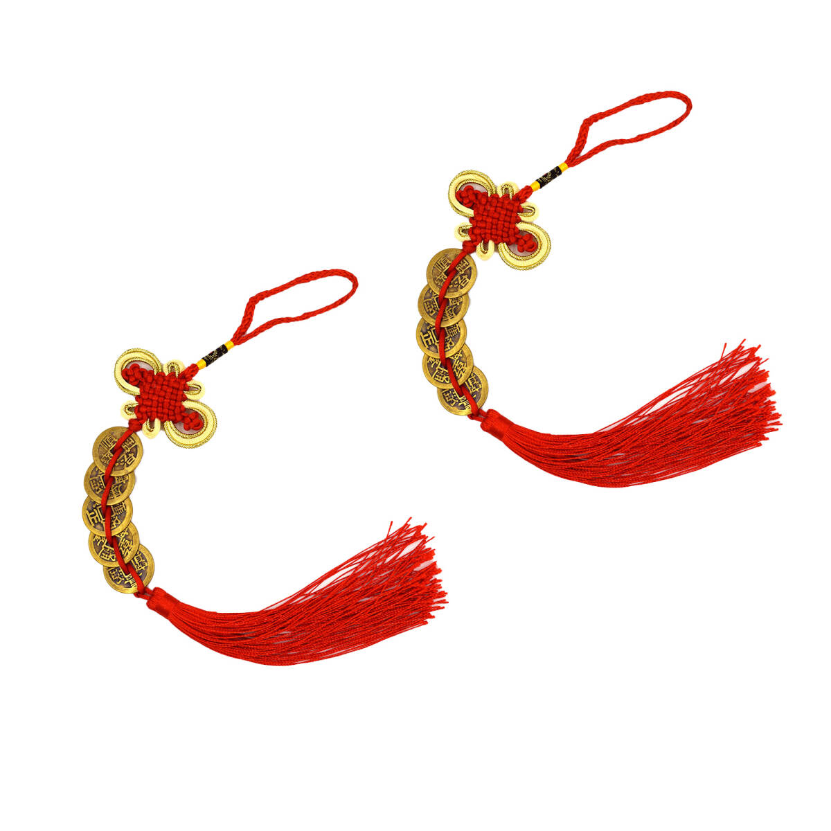 五帝銭 風水グッズ 富貴結び 五皇帝古銭ペンダント 中国結び 骨董品 アンティーク銅銭 2枚 車用 家庭用 飾り物 バッグ用ペンダント;J432;拍卖