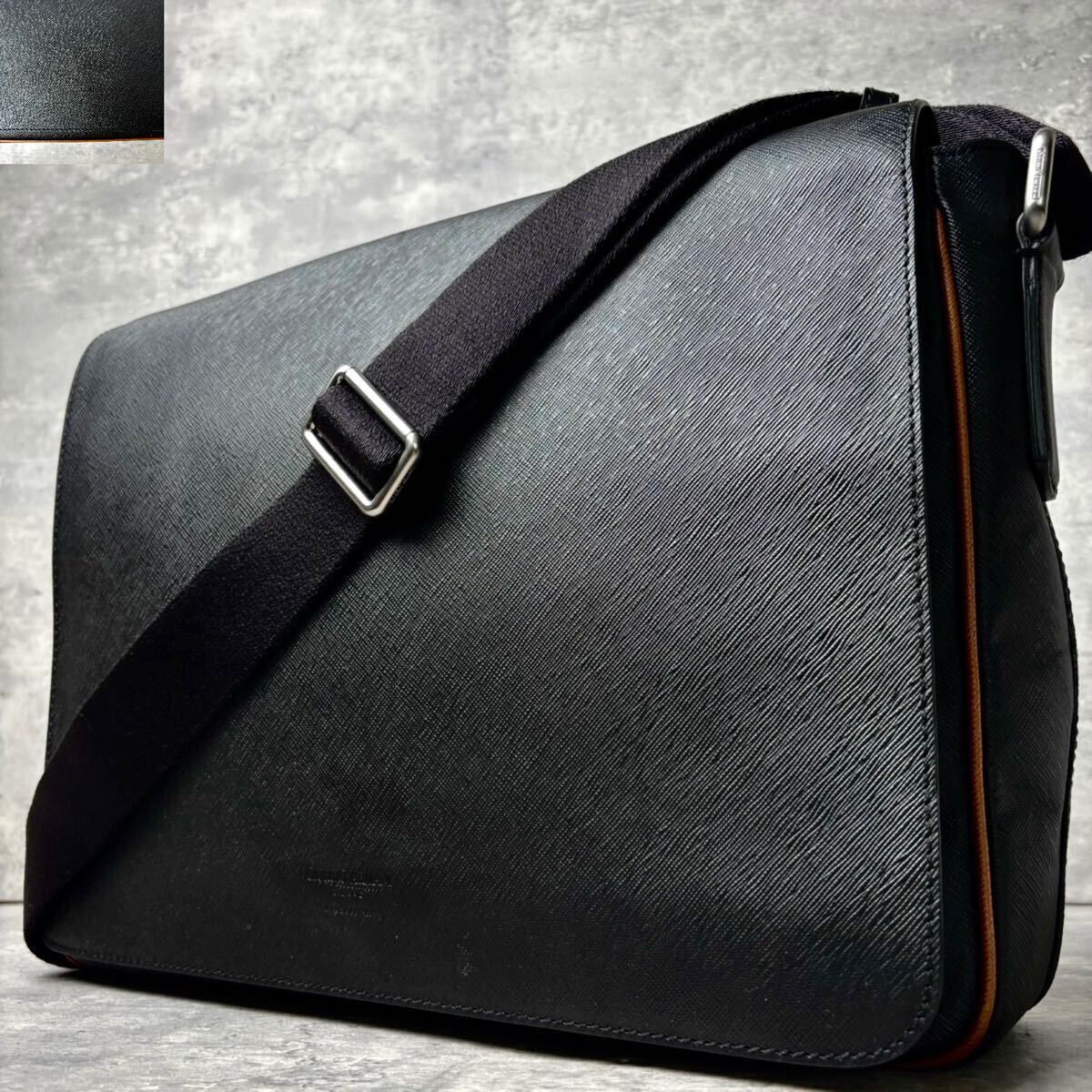 現行近《未使用級/大容量》 GIORGIO ARMANI ジョルジオアルマーニ ショルダーバッグ メンズ 斜め掛け A4収納 サフィアーノレザー ブラック拍卖