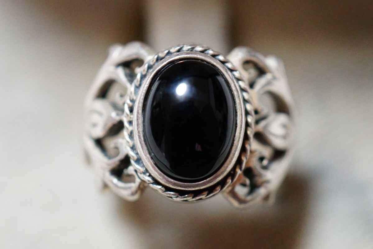 180 ブラックオニキス シルバー リング 指輪 ヴィンテージ アクセサリー SILVER刻印 カラーストーン シルバージュエリー 装飾品拍卖