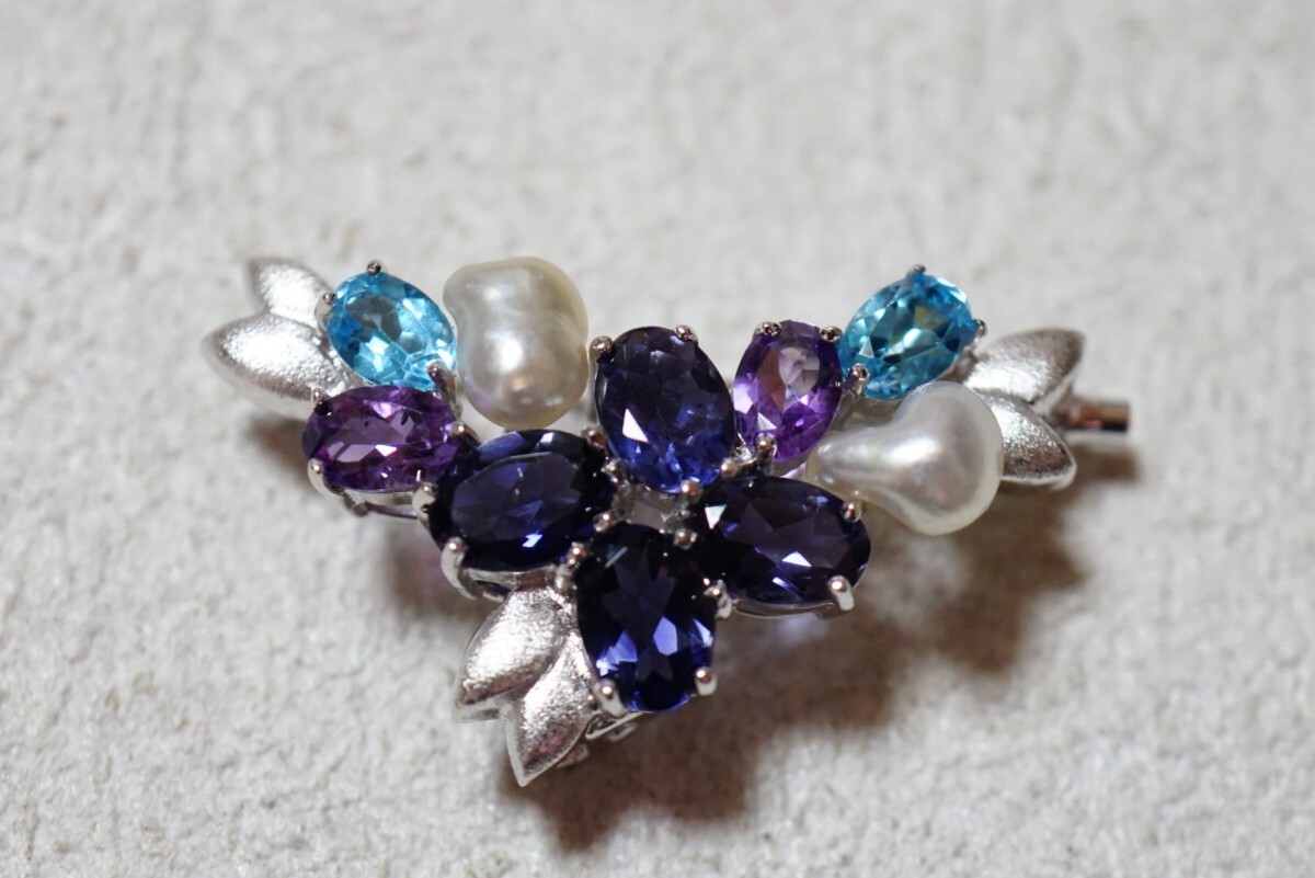 117 タンザナイト ブルートパーズ アメジスト 本真珠 パール ブローチ ヴィンテージ アクセサリー SILVER刻印 宝石 色石 カラーストーン拍卖