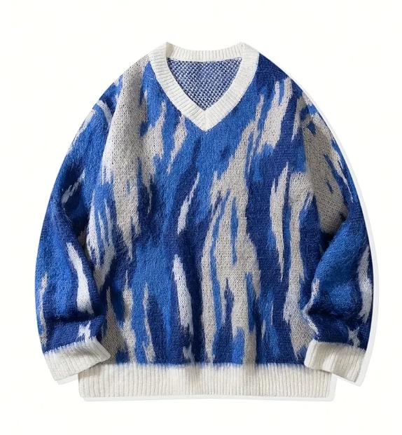 限定生産 メンズ アブストラクト柄モヘヤニット グランジ ブルー青×ホワイト白 S 限定 カーディガン TAAKK kolor拍卖