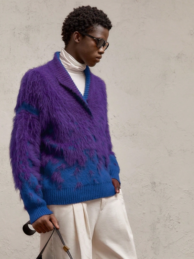 限定生産 切替ドッキング2トンカラーニット パープル紫×ブルー青 メンズ・レディース共に〇 検 カーディガン masu kolor拍卖