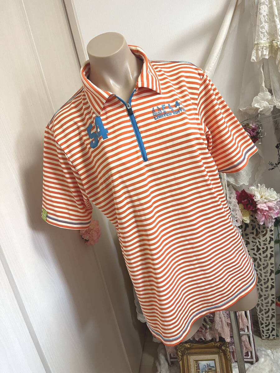 メンズLサイズ:フラットゴルフ【FLAT】GOLF◆日本製/半袖ポロシャツ オレンジx薄クリーム ボーダー柄拍卖