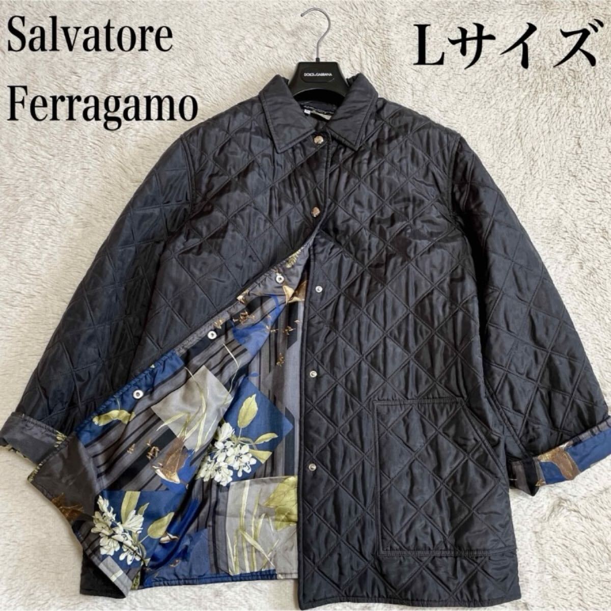 美品 高級 Ferragamo フェラガモ 花鳥 キルティングジャケット 総柄 黒 ブルゾン Lサイズ 内 マルチカラー拍卖