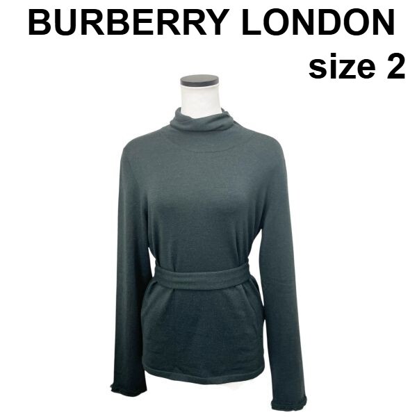 バーバリーロンドン BURBERRY LONDON ニット ハイネック ベルト カーキ グリーン 羊毛 綿 カシミア 2 S~M レディース S5V440拍卖