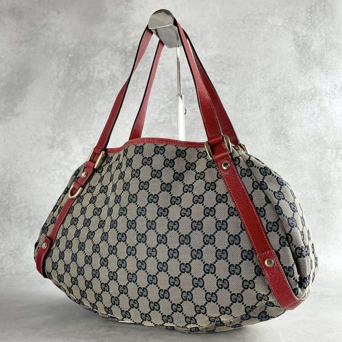 GUCCI グッチ アビー GGキャンバス トートバッグ 肩掛け ショルダーバッグ レザー 130736 ネイビー レッド イタリア製 メンズ レディース拍卖