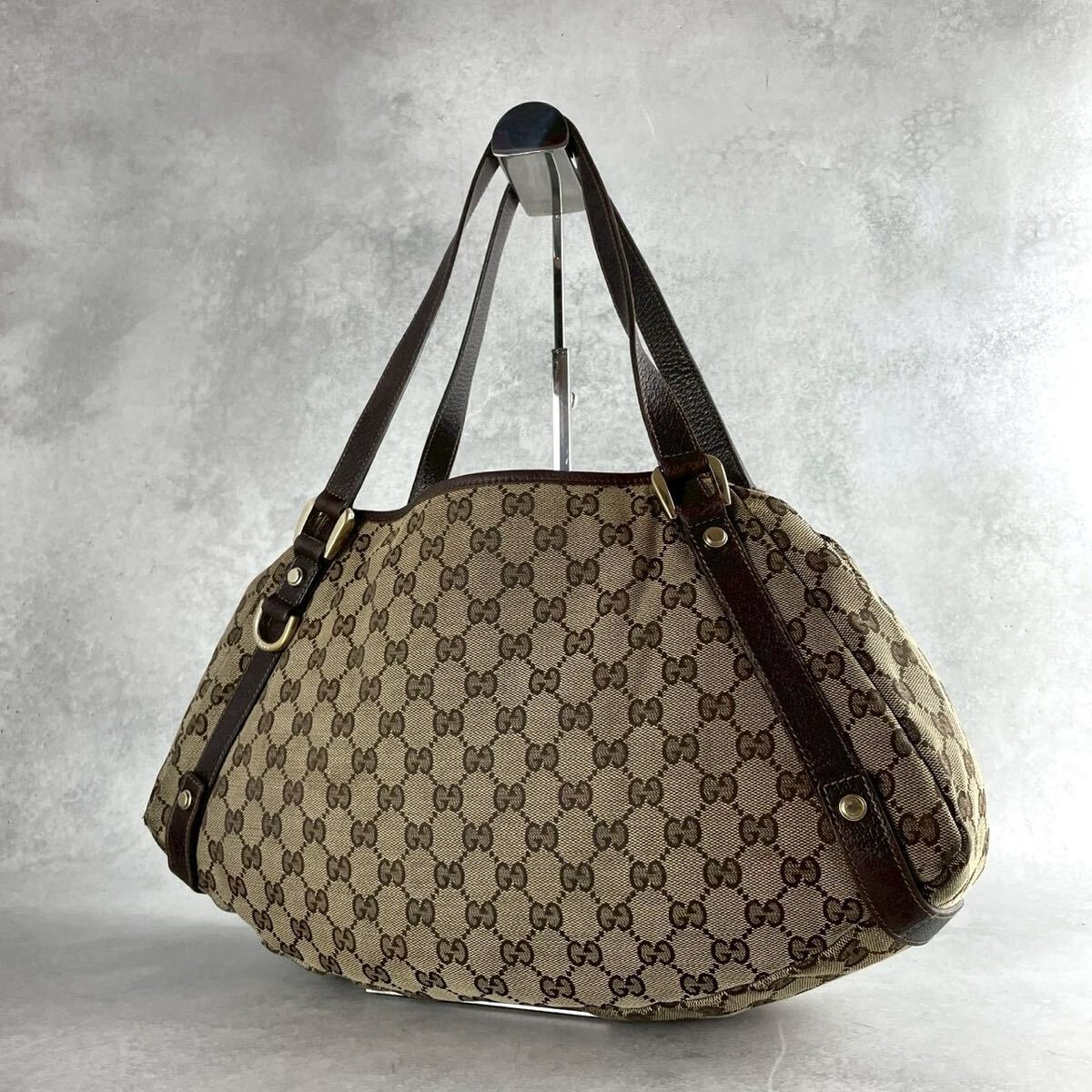 GUCCI グッチ アビー GGキャンバス トートバッグ 肩掛け ショルダーバッグ ハンドバッグ ブラウン レザー 130736 イタリア製 レディース拍卖