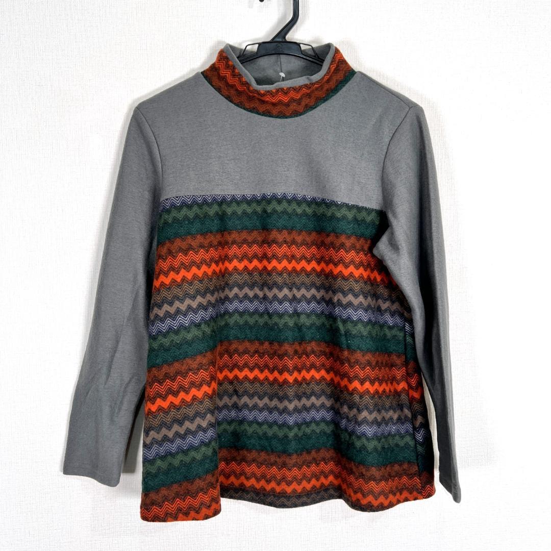 【JUST wave】関西ファッション連合 グレー 柄物 長袖 フリース セーター カットソー トップス 女性用 レディース M~L【未使用】【a043】拍卖