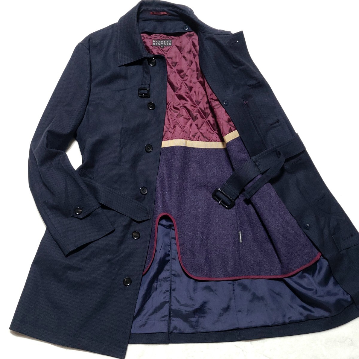 美品/XL相当/3WAY ■バーニーズニューヨーク ステンカラーコート ロング 千鳥柄 グレンチェック キルティングライナー サーモライト メンズ拍卖