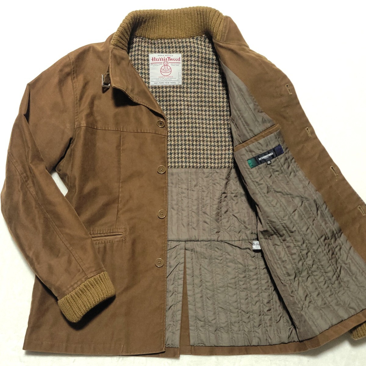 美品/千鳥刺子/L相当 ■DESIGNWORKS ハリスツイード ハンティングジャケット ブルゾン グレンチェック キルティング メンズ 紳士 ベルト 48拍卖