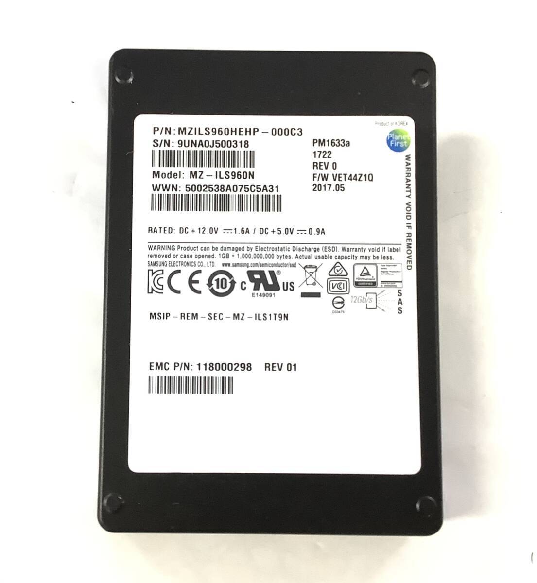S71018211 SAMSUNG 960GB SAS 12Gbps 2.5インチ SSD 1点【中古動作品、複数出品】MZ-ILS960N PM1633A 厚み14㎜拍卖