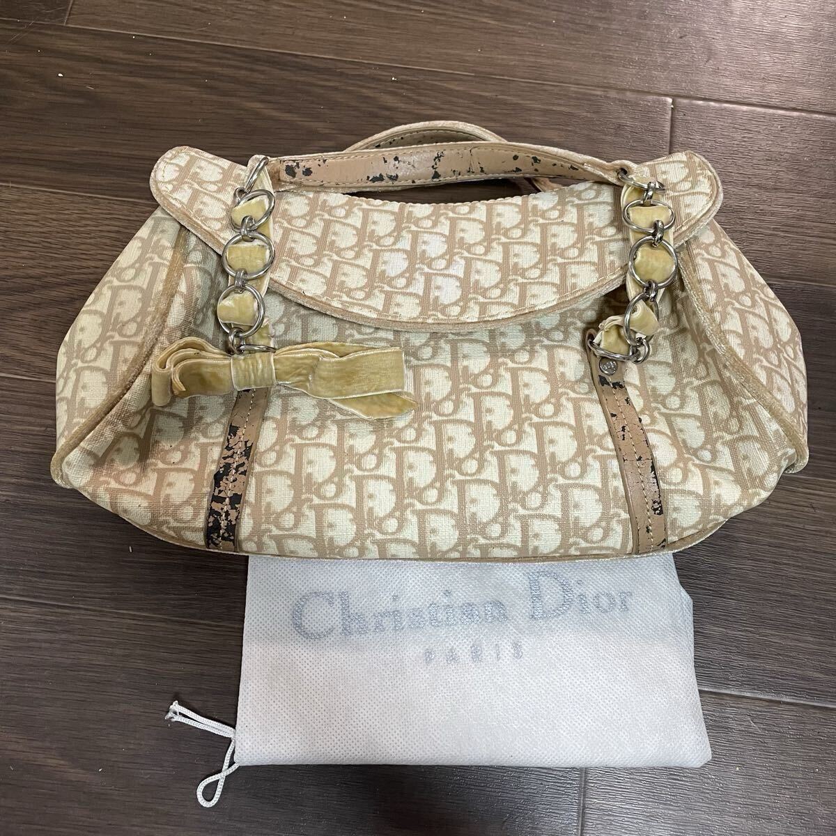 1円〜 Christian Dior クリスチャンディオール トロッター ロマンティック ハンドバッグ リボン チェーン 袋付き PVC スエード ベージュ拍卖