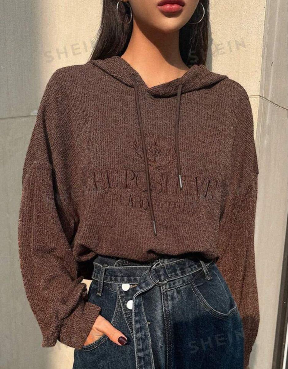 【送料無料】DAZY 文字刺繍 フード付き ニット トレーナー レディース ブラウン ドロップショルダー サイズS オーバーサイズ拍卖