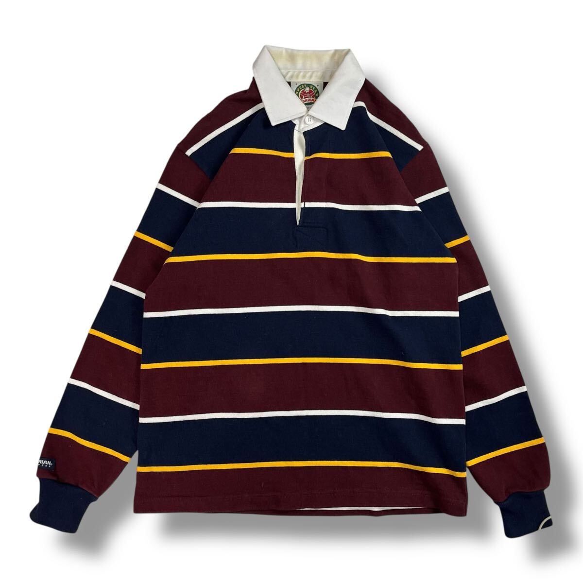 (TK1012)【カナダ製】 BARBARIAN バーバリアン 長袖 ラガーシャツ ポロシャツ ボーダー ワインレッド ネイビー ラグビー S拍卖