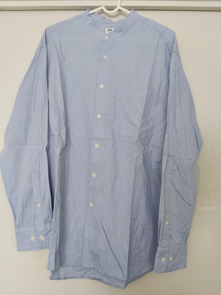 ユニクロ EFCオーバーサイズ スタンカラー シャツ 長袖 ブルー ストライプ 綿100% サイズM ¥2,990購入拍卖