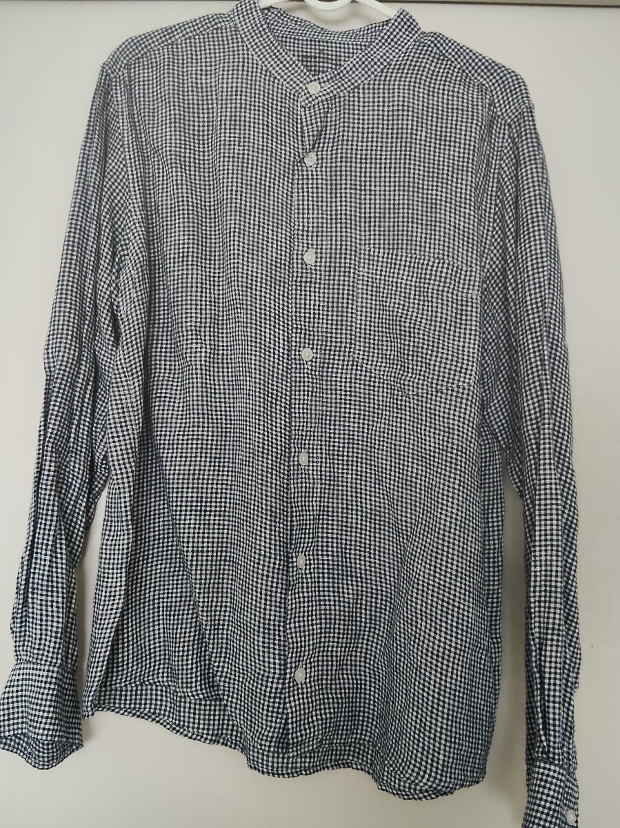 無印良品 スタンドカラーシャツ 長袖 ダークネイビーチェック 麻100% 紳士 サイズM フレンチリネン ¥2,990購入拍卖