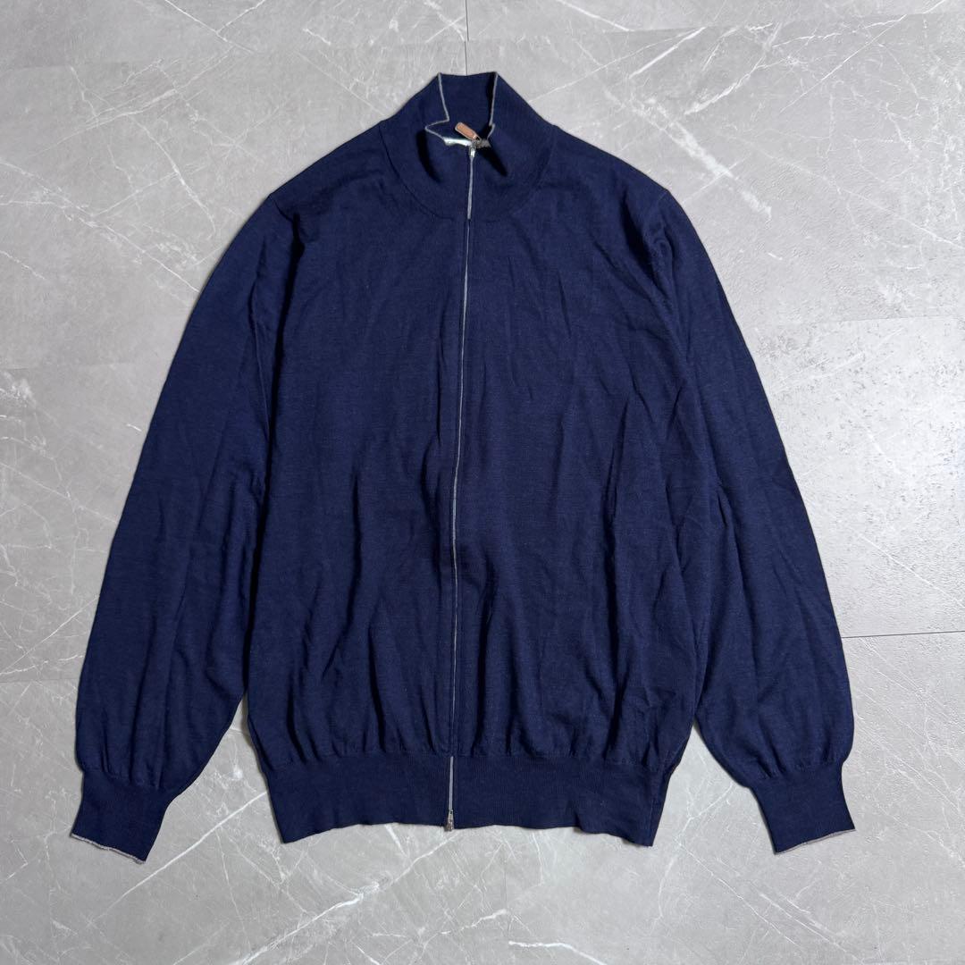 美品 ブルネロクチネリ ウールカシミヤ 長袖 ダブルジップニット 54 ネイビー BRUNELLO CUCINELLI  ドライバーズニットカシミヤ拍卖