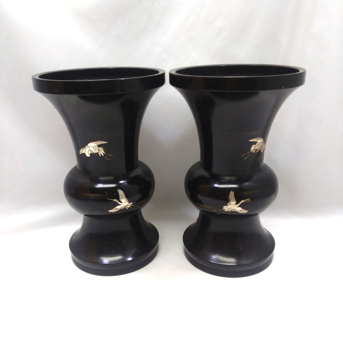 仏具 花立 花瓶 仏壇 鶴 7寸 2客セット 検索用)日蓮正宗 黒 金 葬式 非鉄 真鍮 ヤフオクにも多数出品中拍卖