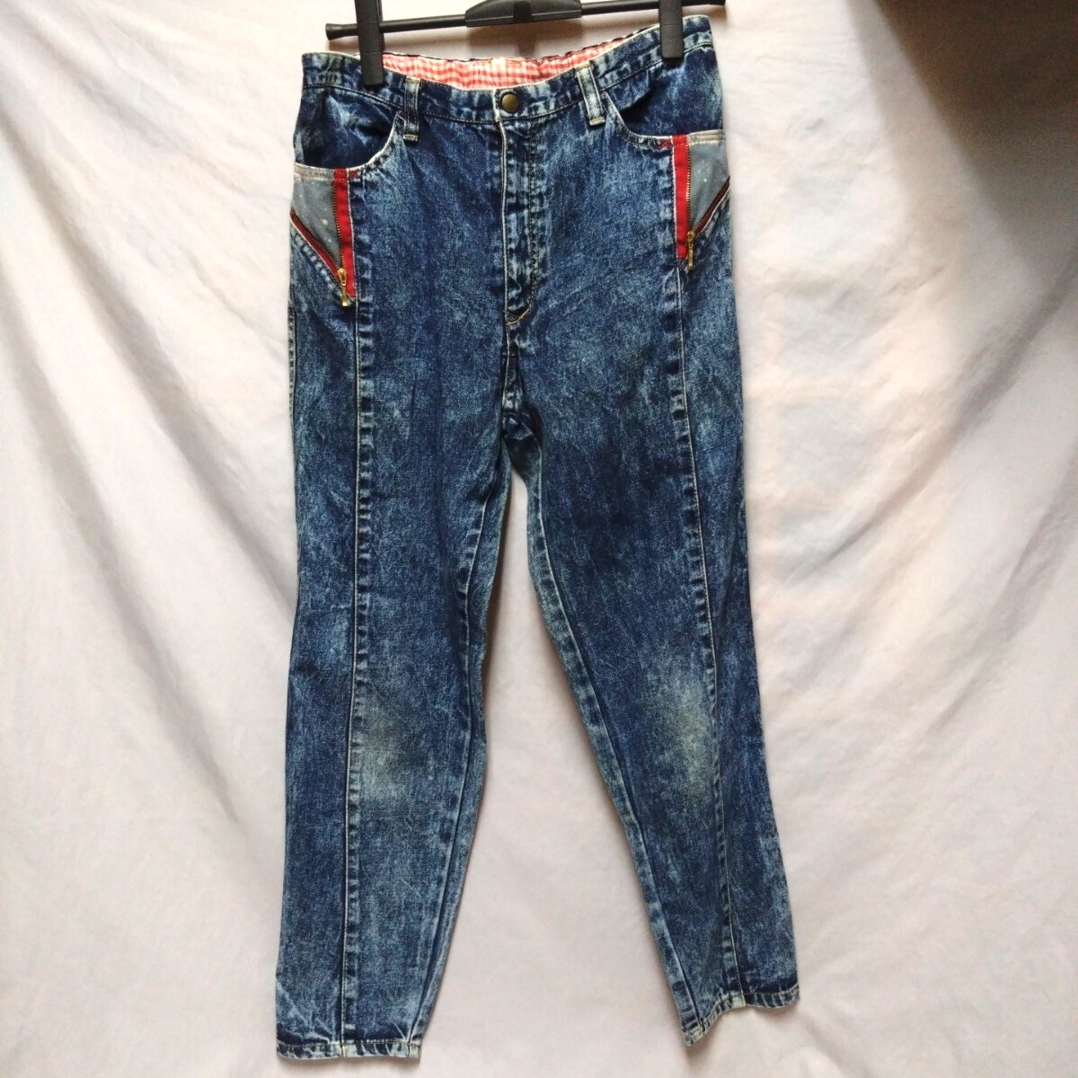 古着 Pecahi デニムパンツ チェック キッズ レディース 160サイズ ケミカルウォッシュ レトロ 日本製 made in japan ヤフオクにも多数出品拍卖