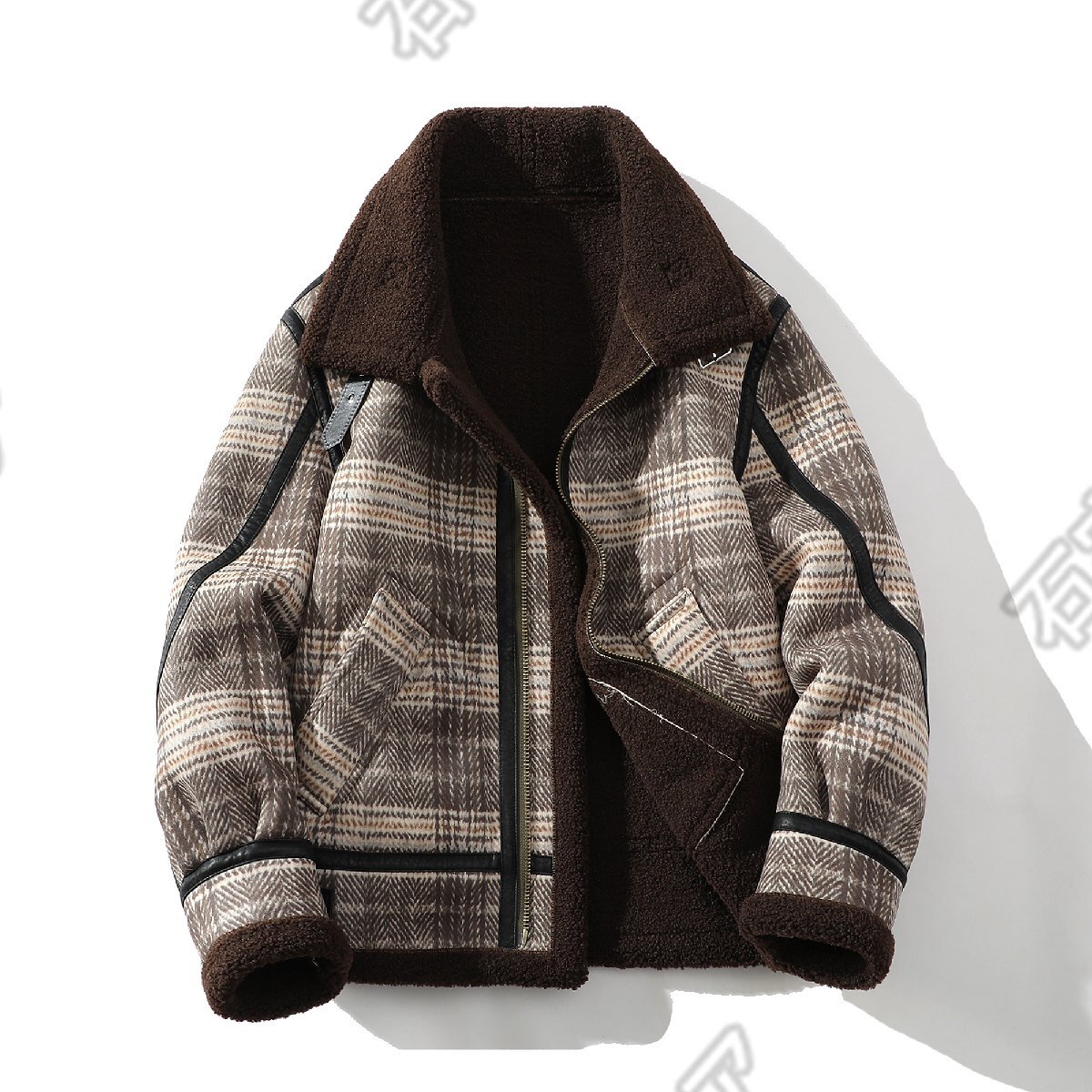 ジャケット 裏起毛 厚手 保温 ふわふわ 折り襟 チェック柄 ヴィンテージ感 カッコイイ お出かけ 秋冬 ブラウン XLサイズ sfz07.bn3拍卖