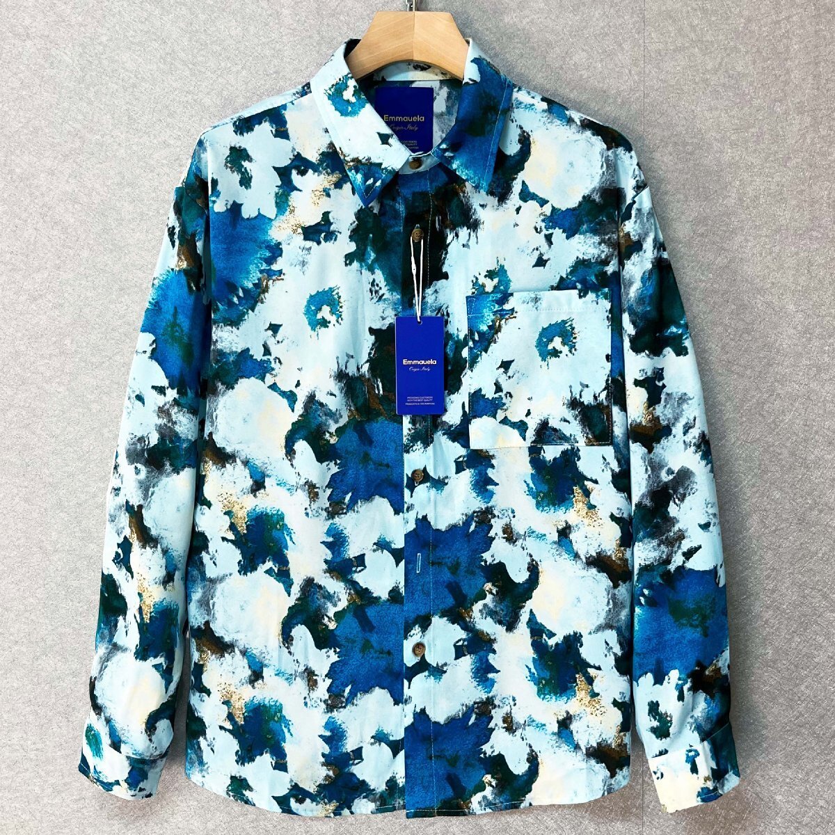高級・長袖 シャツ 定価4万◆Emmauela・イタリア・ミラノ発◆シルク混 薄手 ソフト 花柄 アロハシャツ 開襟 カジュアル 旅行 街着 秋 XL拍卖