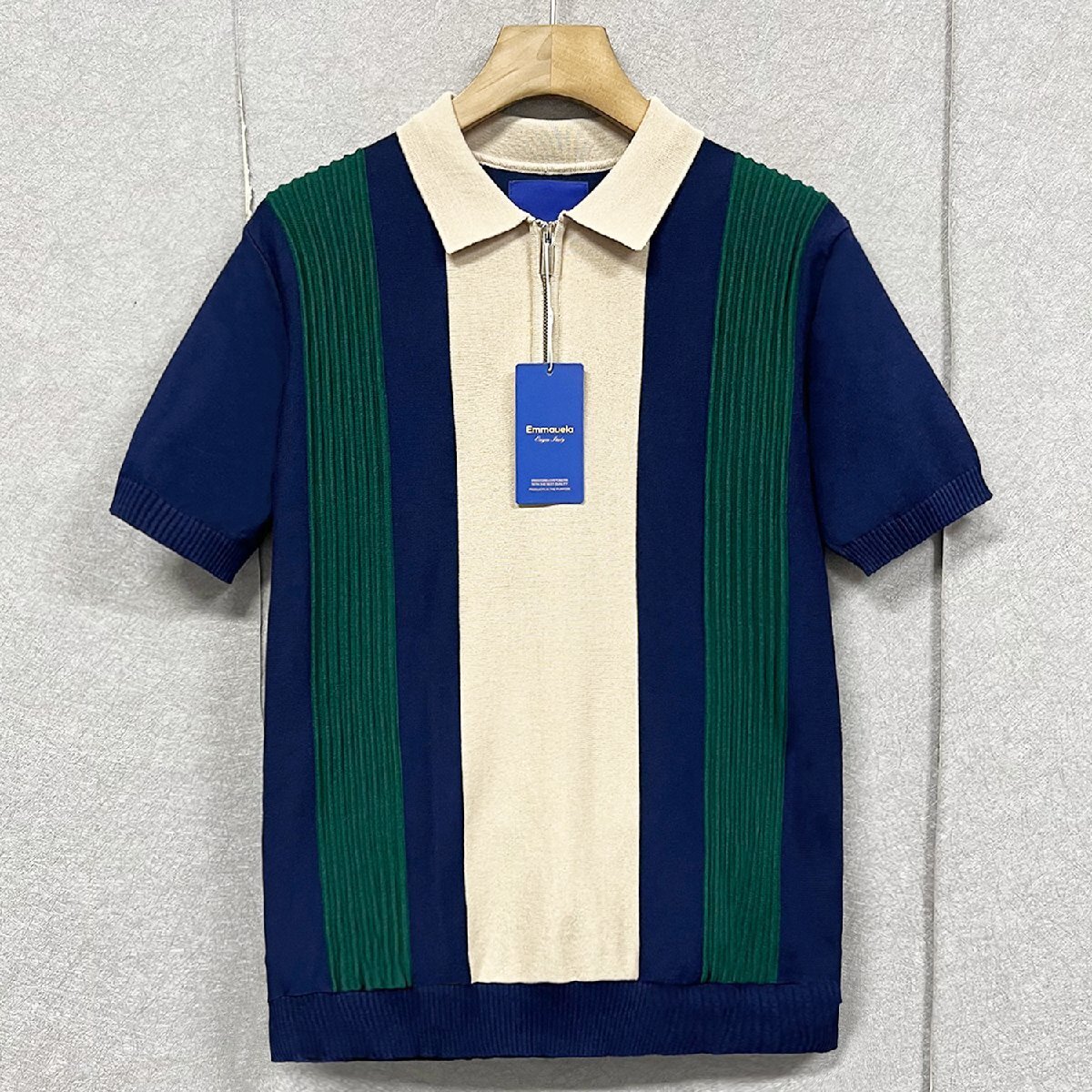 逸品・半袖ポロシャツ 定価3万◆Emmauela・イタリア・ミラノ発◆上級ウール混 ニット 柔らか 切替 ハーフジップ カジュアル 通勤 XL/50拍卖