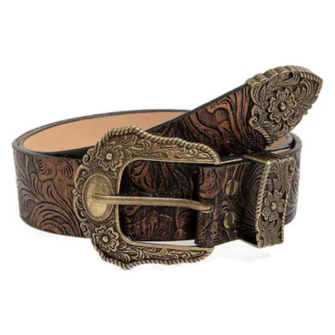 エンボス ウエスタン ベルト レザー 花柄 型押し アンティーク調 バックル拍卖