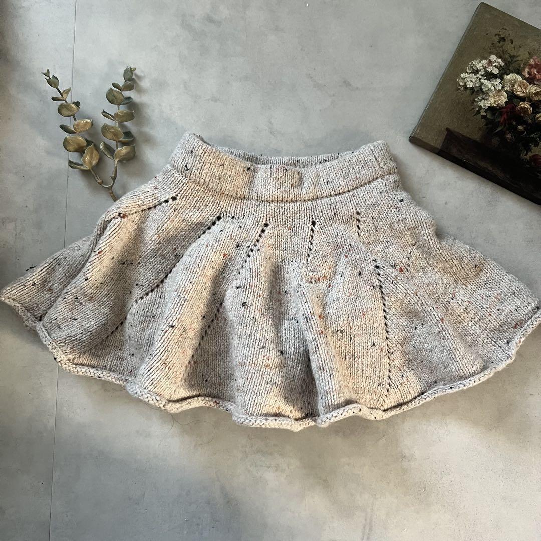 韓国子供服 ウール混 ニット スカート フレア くすみ ベージュ ノーブランド拍卖