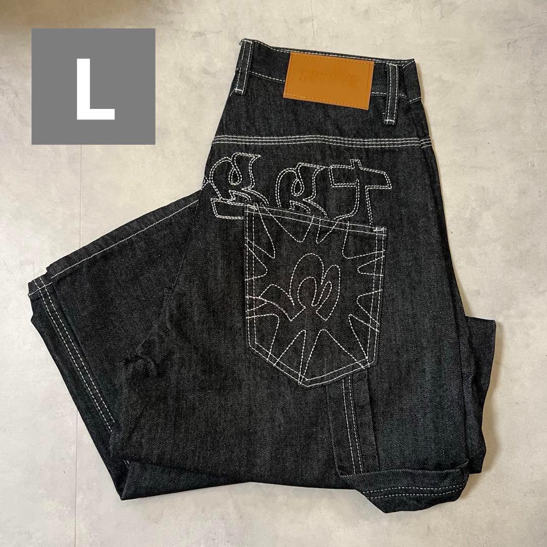 刺繍 極太 バギーデニム ワイド 黒 ジーンズ 韓国 ストリート グランジ拍卖