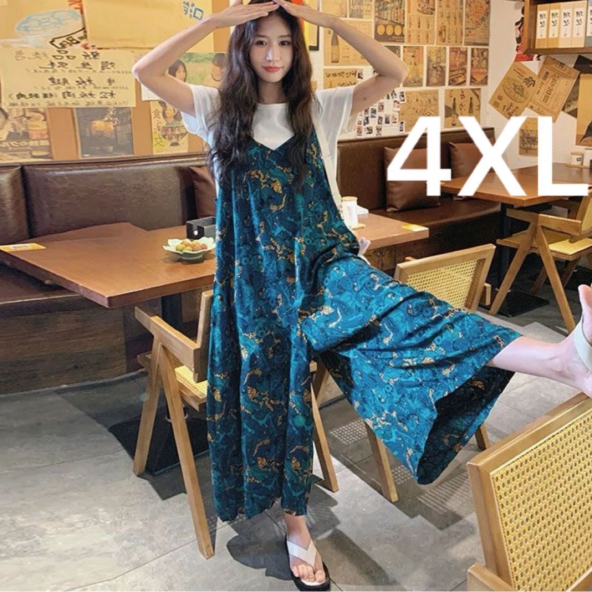 サロペット ワイドパンツ 花柄 ペイズリー ゆったり 体型カバー おしゃれ 青緑系 マタニティ対応拍卖