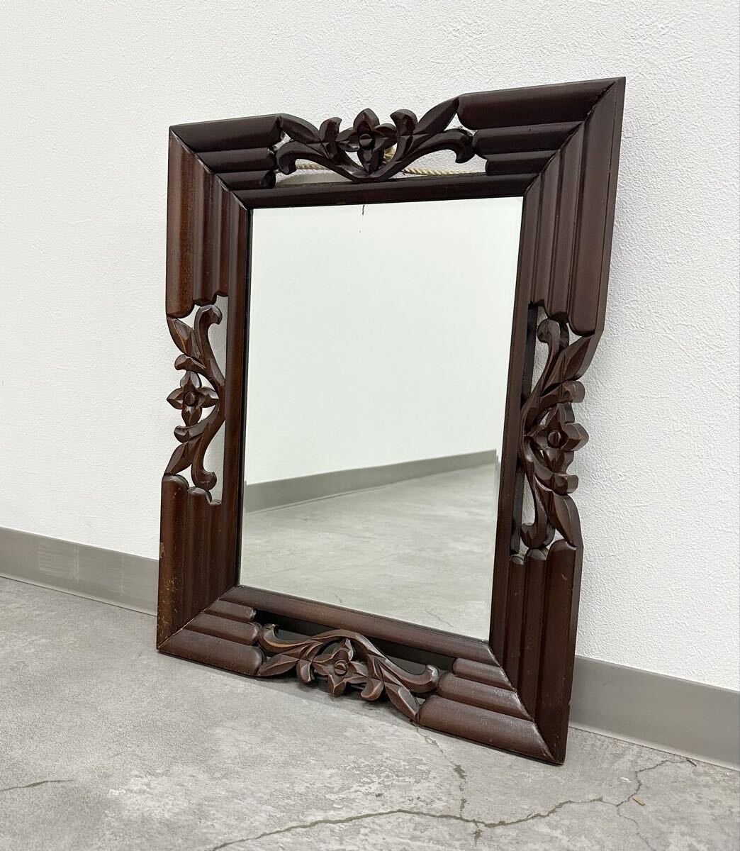 SNT1067 ウォールミラー 壁掛け 鏡 インテリア レトロ 壁掛け鏡 木製 ヴィンテージ アジアン 雑貨 バリ島 木彫り拍卖