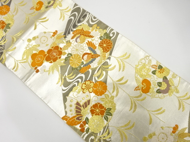 美品 流水に鴛鴦・花模様織り出し 振袖用 袋帯 (AJBD1K-018)拍卖