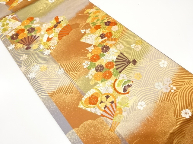 美品 荒波に花扇模様織り出し 袋帯 (AJBG2K-004)拍卖