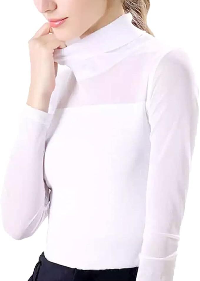 新品 レディース カットソー シアー シャツ トップス★胸切り替えトップス 長袖 ハイネック シースルー 薄手 ストレッチ 拍卖