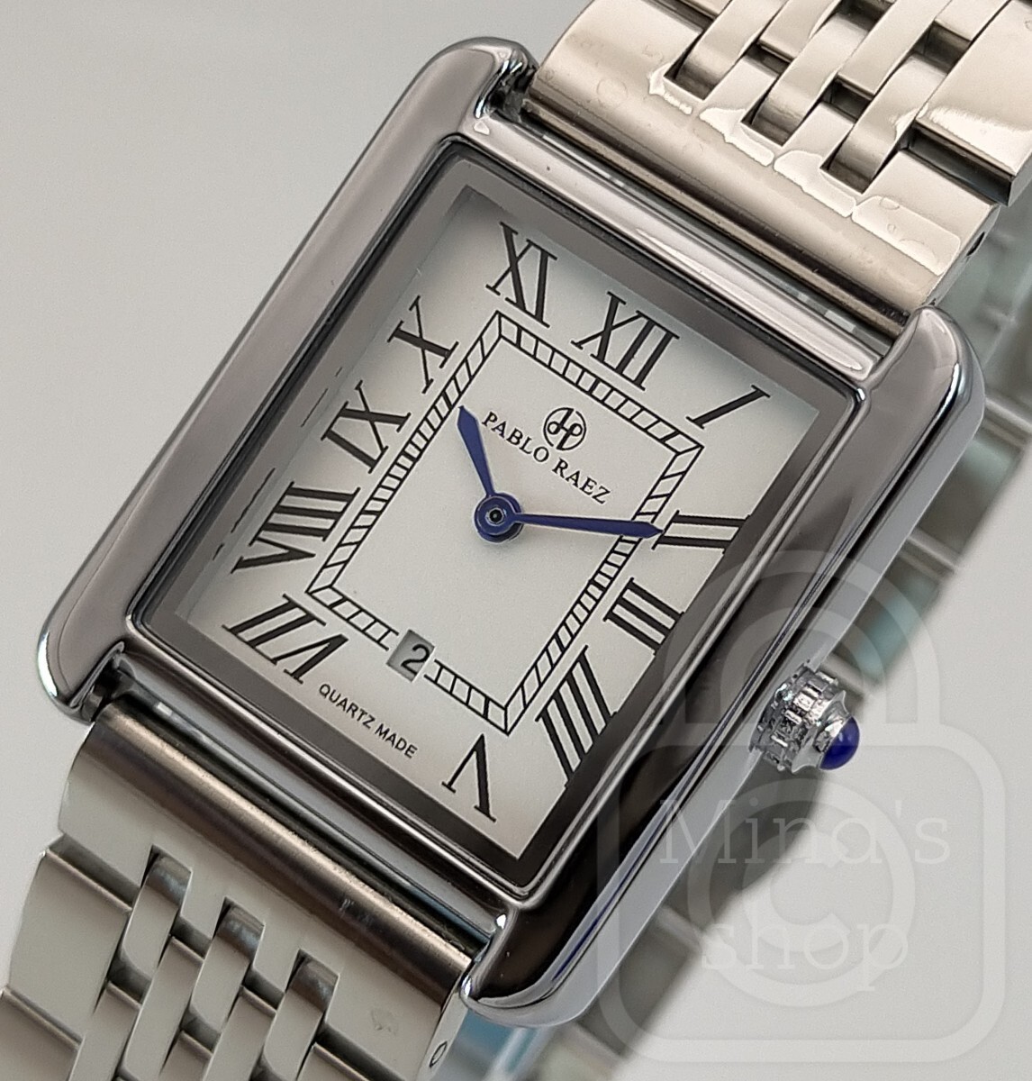 【秀逸なデザインスタディが際立つ2針レクタングル/新品】WMNS カレンダー パールホワイト文字盤/サファイアブルー針/7連ステンブレス拍卖