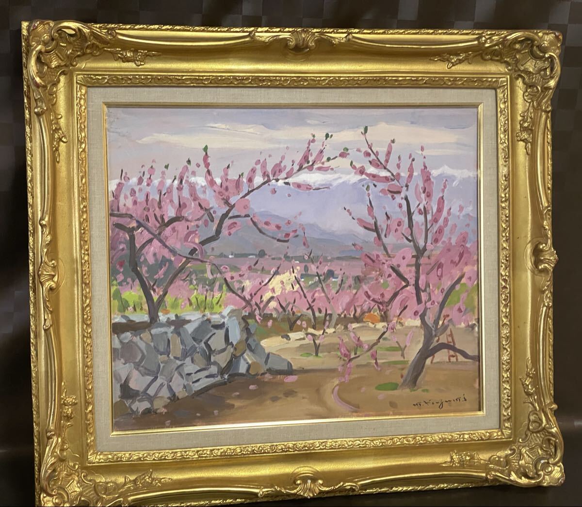 真作 油彩画 油絵 小泉元生 【甲州の春】 F8号 風景画 額縁 額装 インテリア拍卖