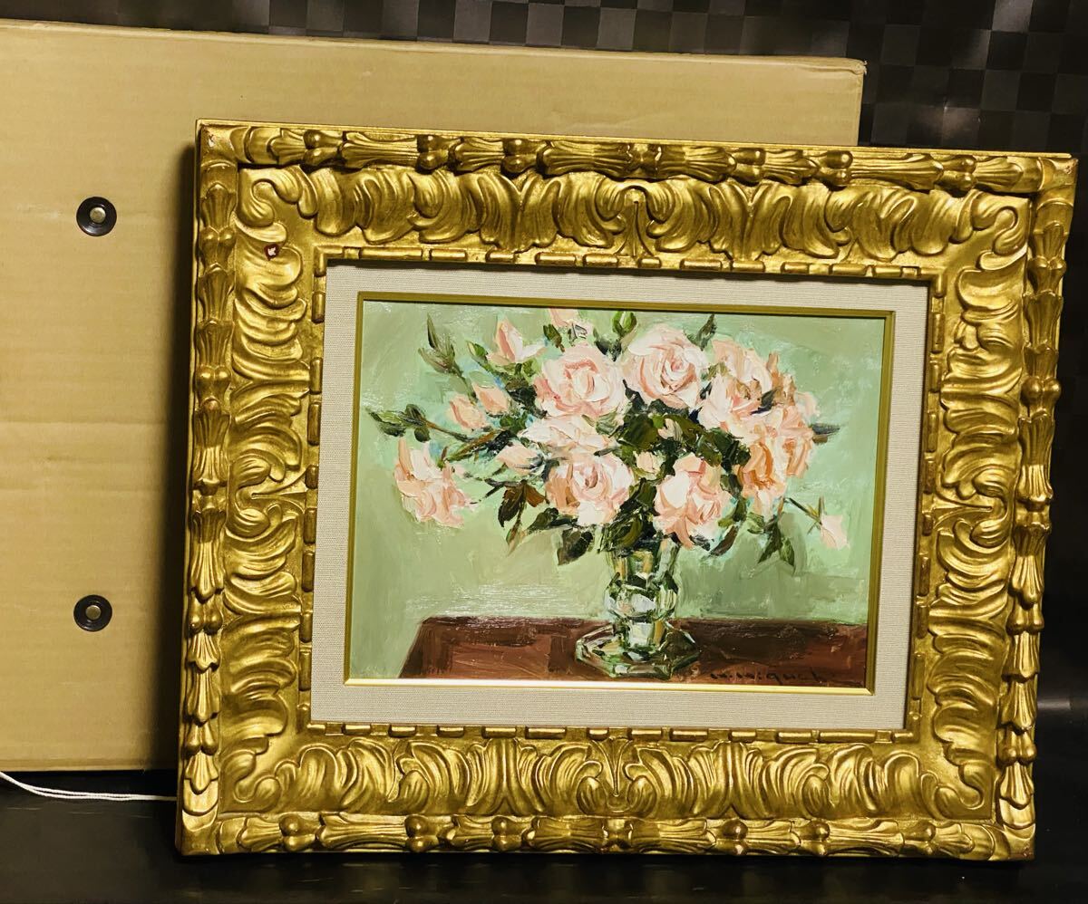 真作 油彩画 油絵 樋口洋 【バラ】 F4号 静物画 額縁 額装 インテリア拍卖