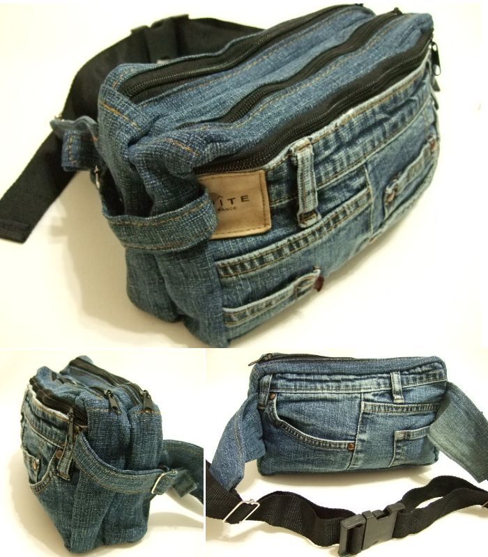 横浜最新 魅惑のデニムウエストバッグ♪斜め掛けリメイクバッグ 横巾25cm 縦15cm 二層収納まち4+4cm メンズレディース送料無料ξblξ ξ25拍卖