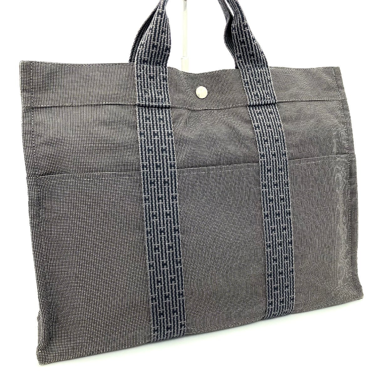 1円 美品 エルメス HERMES エールライン MM トート バッグ ショルダー キャンバス ビジネス 通勤 書類カバン グレー系 メンズ レディーズ拍卖
