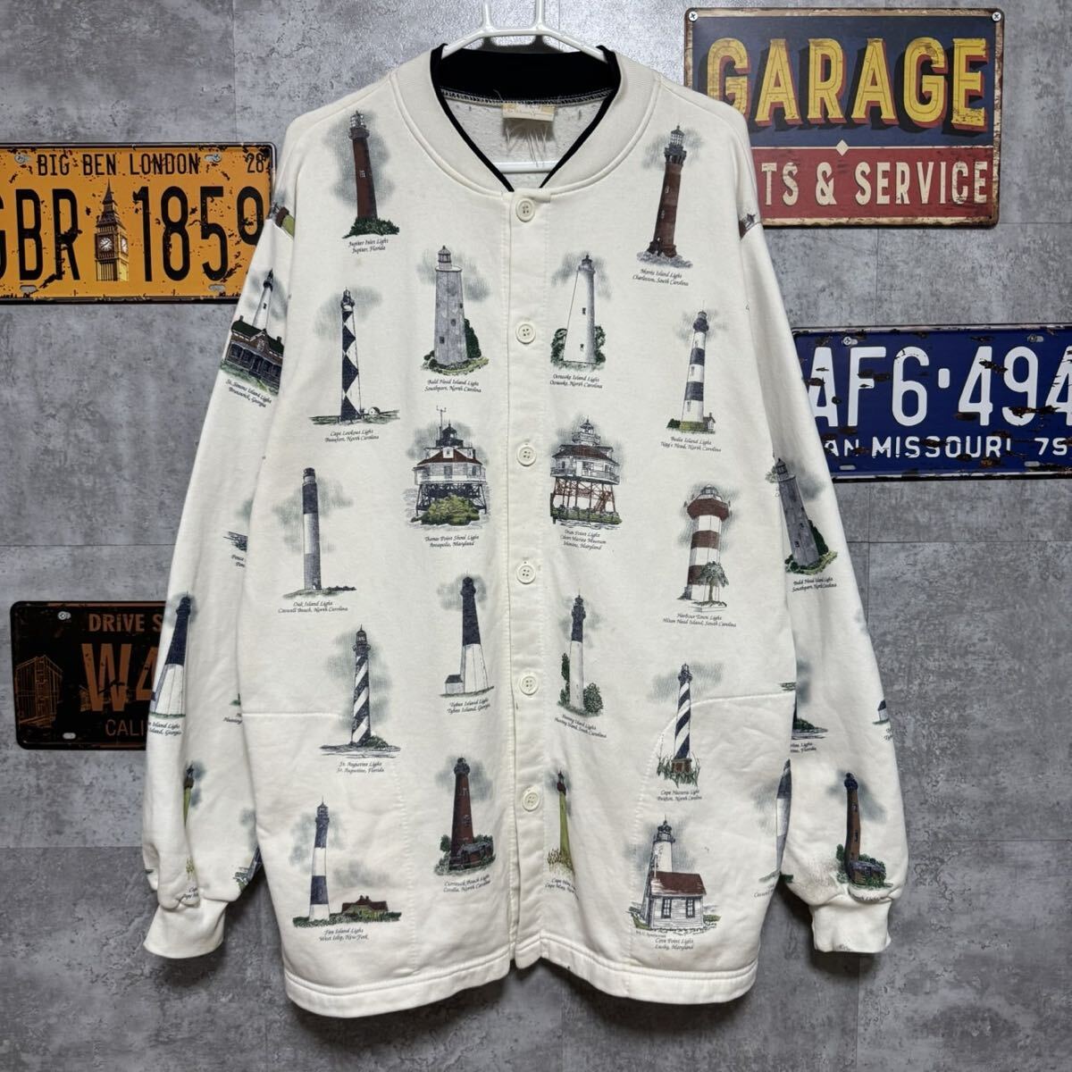 Art Unlimited スウェットカーディガン 灯台プリント オフホワイト 2XL相当 総柄 90s拍卖