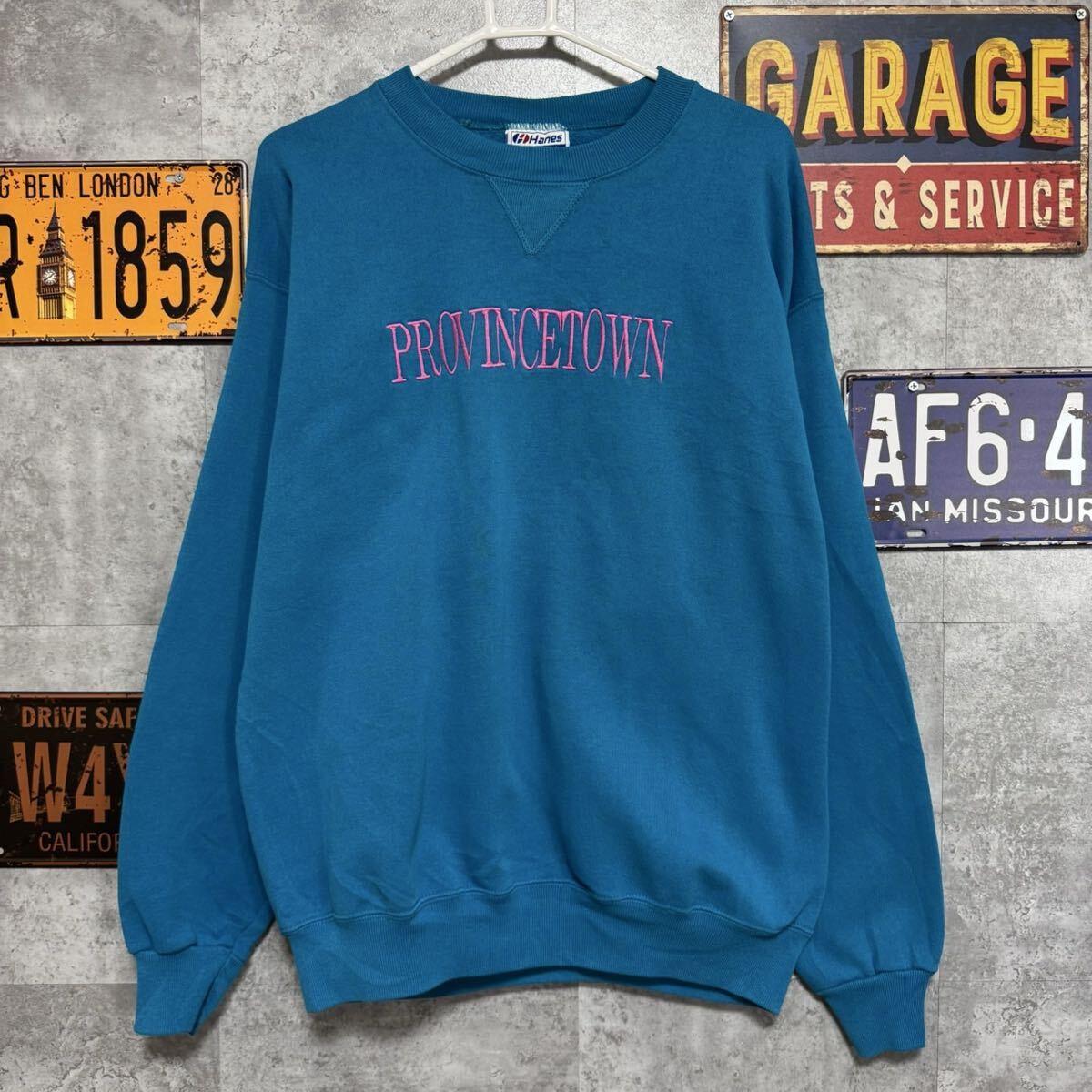 Hanes USA製 PROVINCETOWN 刺繍スウェット 水色 XL アメリカ製 裏起毛 90s ヘインズ 古着拍卖
