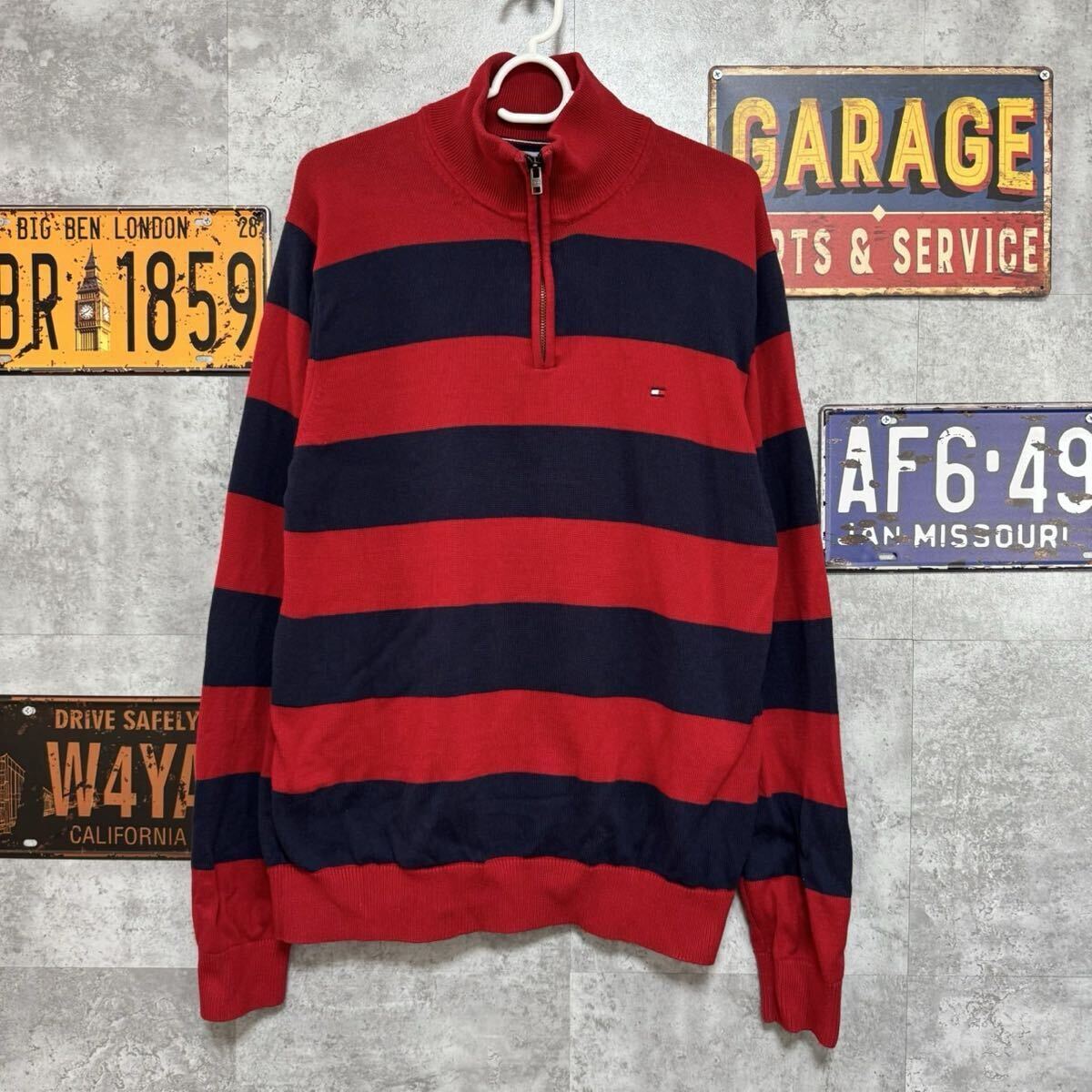 TOMMY HILFIGER ハーフジップ ボーダーニットセーター レッド×ネイビー L拍卖